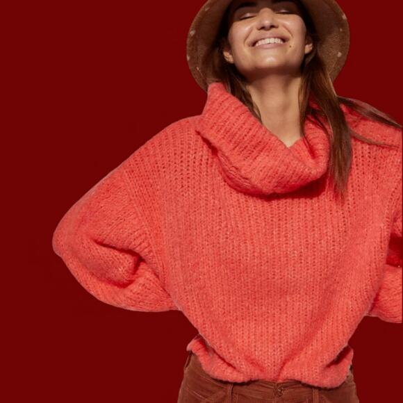 PILCRO Anthropologie Zamora Cowl Neck Alpaca Sweater in Coral #OB1194125 Small - Picture 2 of 15